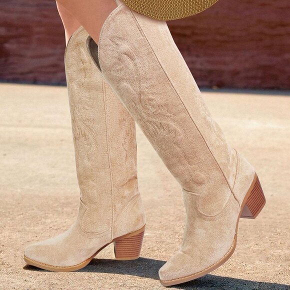Women's Beige UBWDU Suede Cowboy Knee High Boots Pointed Toe Heel Embroidered - Picture 4 of 6